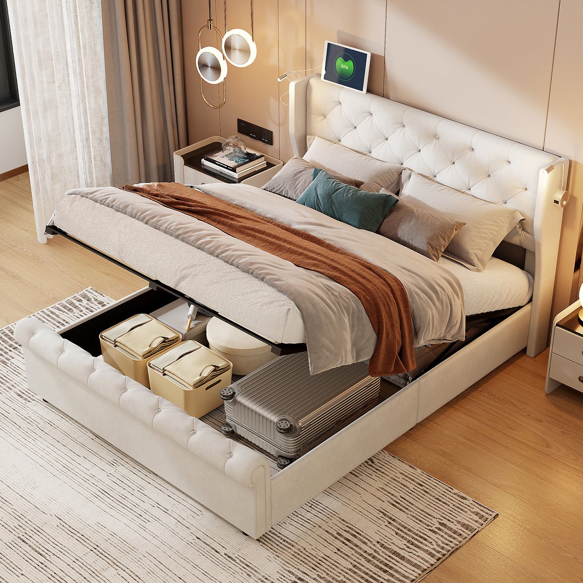 Opbergbed 160x200 met USB & Verstelbare Leeslampen – Fluwelen Bedframe Beige – Hoofdbord m