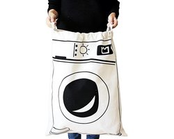 Waszak - Met Wasmachine Print - 60 x 80 cm - Grote waszak - Wasgoed Opbergtas met Trekkoord - Badkamer Was Zak - Laundry Bag - Reiswaszak - Waszakken voor wasgoed - Opbergtas - Waszakken - Wit/Zwart