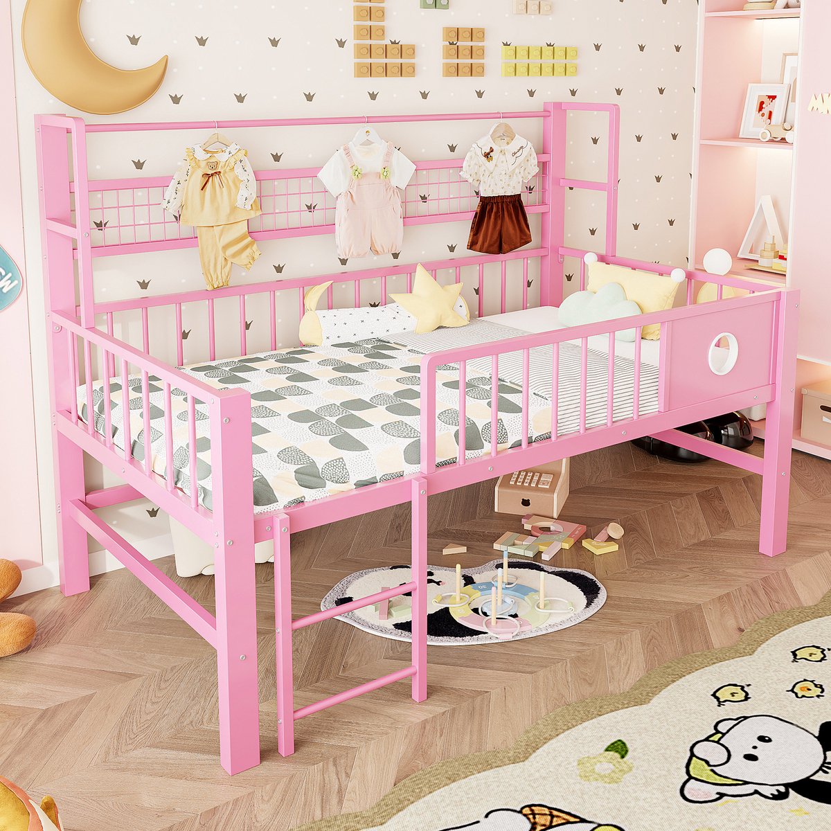 MODFU Kinderbed Hoogslaper 90x200 cm – Roze lage hoogslaper – Met kledingstang & opbergruimte – Veilig