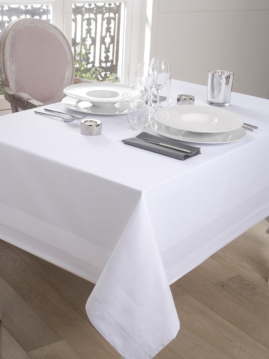 Linnen Tafelkleed Wit Damast Met Satijnen Rand 150 x 250 cm