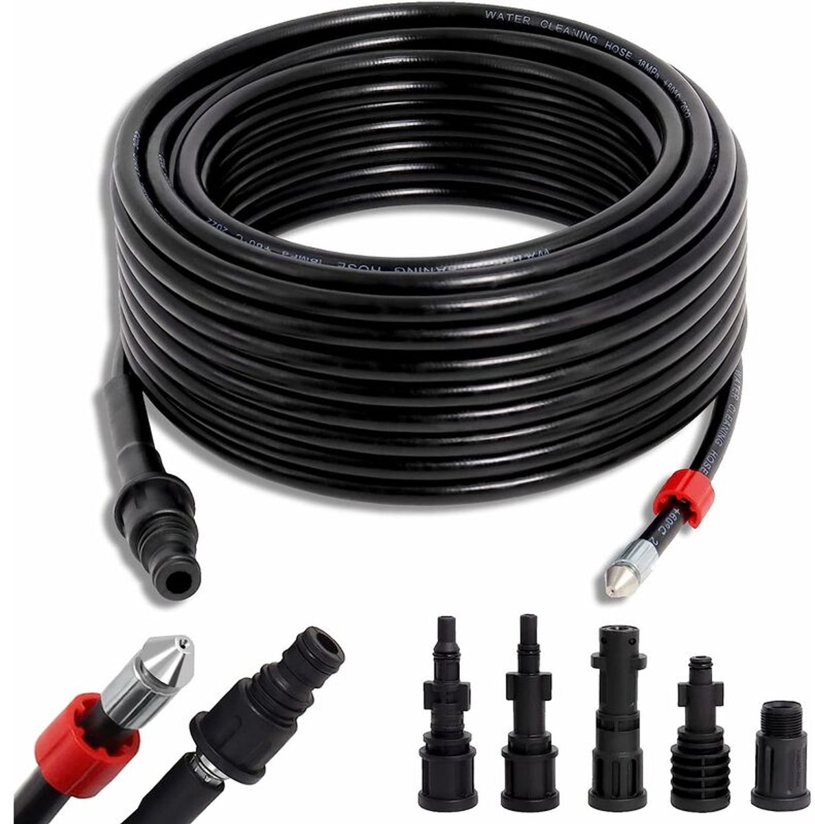 20 meter rioolreinigingsslang – 180 bar druk – 60°C temperatuur – 5 adapters - geschikt voor Kärcher Bosch Lavor, Interpump