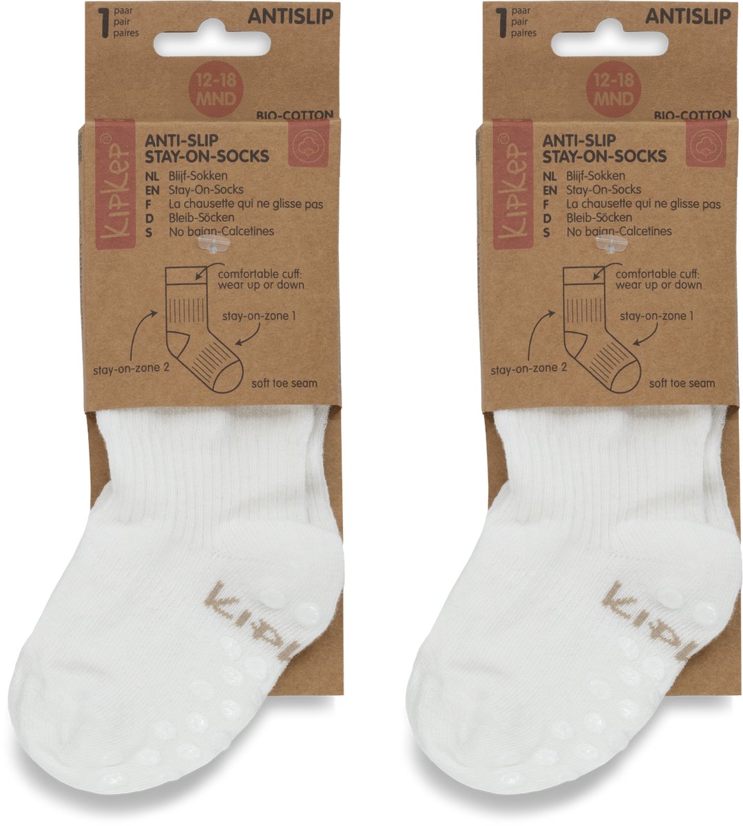 KipKep Blijf-Sokjes 2 paar met antislip - maat: 12-18 maanden - OffWhite - Wit - Bio-katoen - Voordeelpak