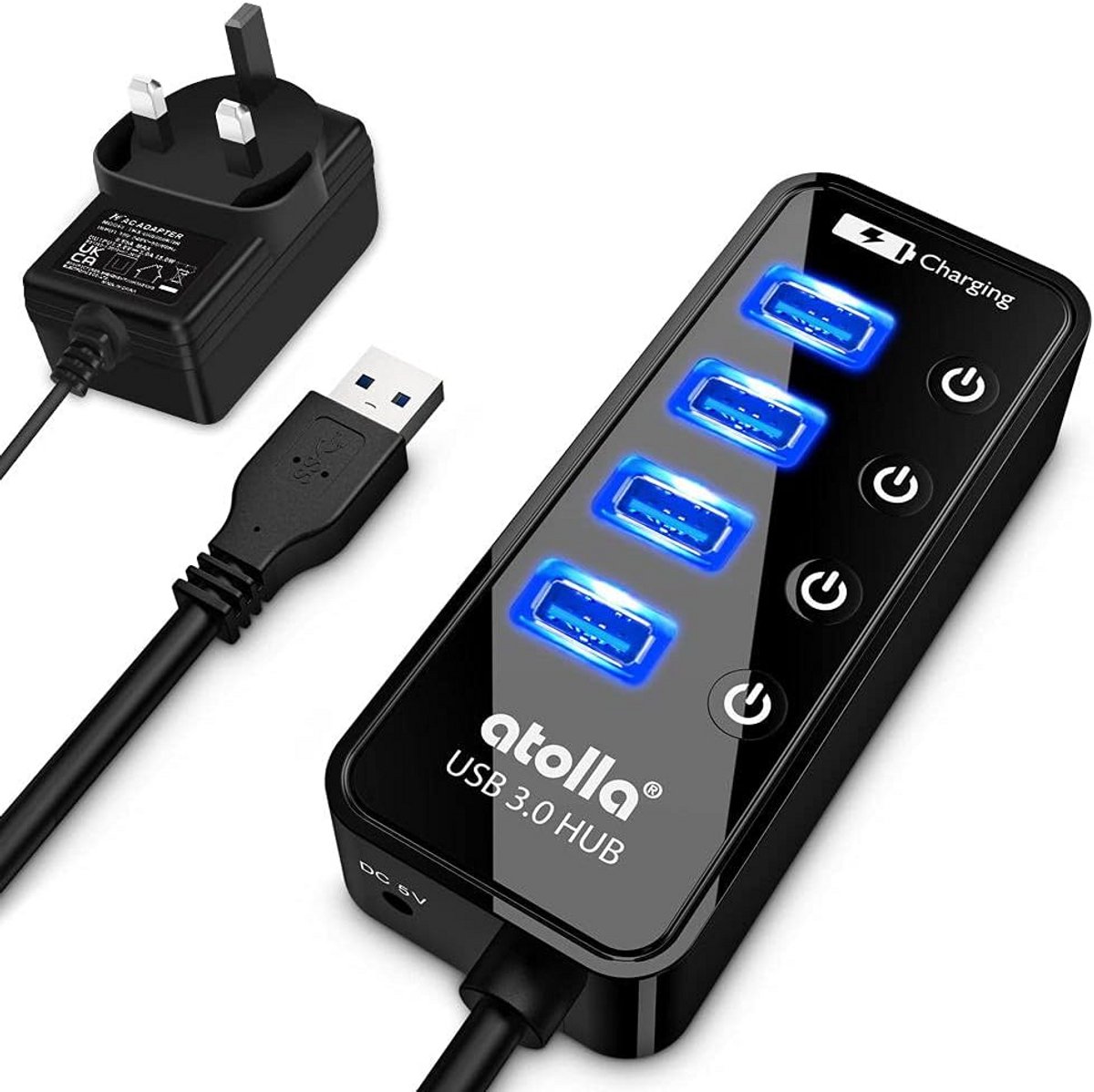 USB 3.0 Hub met 4 Data Poorten, Slimme Oplaadpoort en Individuele Aan/Uit Schakelaars