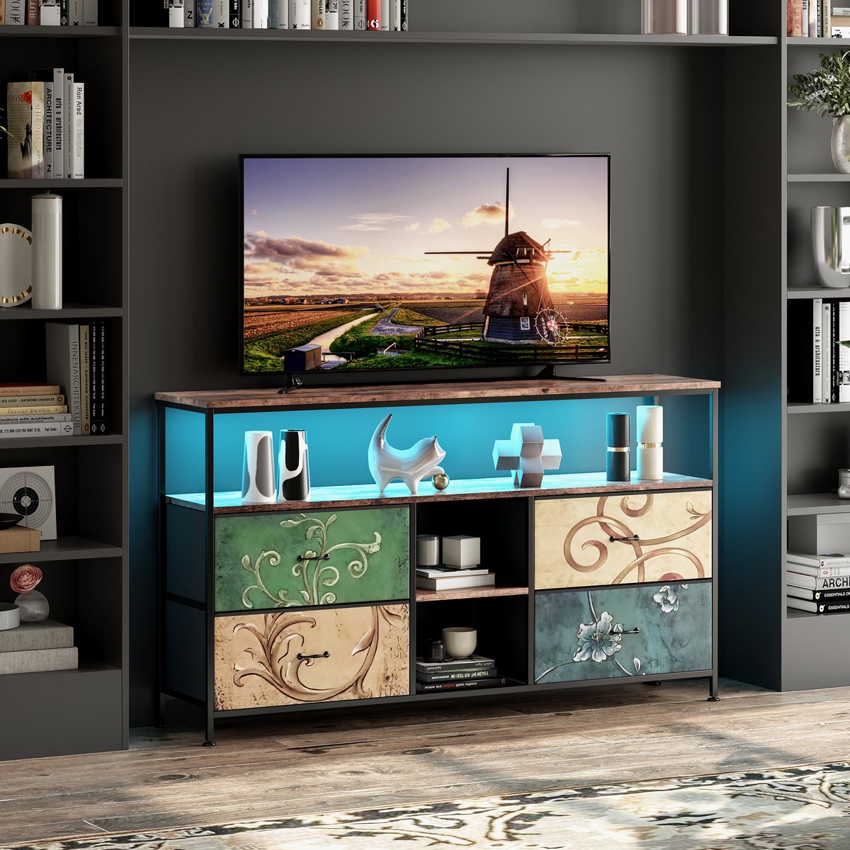 TV Meubel met Lades & LED – Industrieel TV Kast 137 cm – Metaal & Walnoot