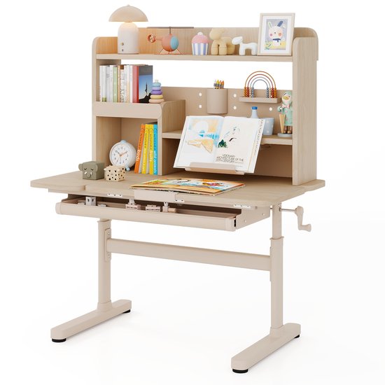 COSTWAY Bureau voor kinderen, kinderbureau, 52-74 cm, in hoogte verstelbaar, met kantelbaar tafelblad, kindertafel met plank, lade en boekenstandaard, schoolbureau voor kinderen vanaf 3 jaar (natuur)