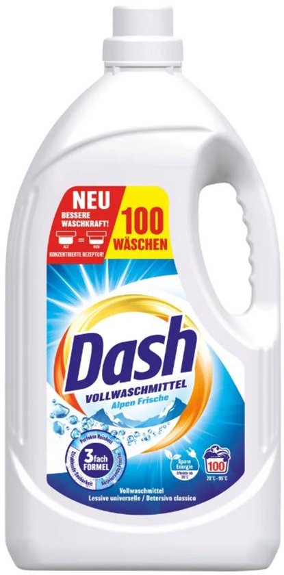 Bouteille de lessive Dash blanche avec étiquette bleue et jaune. "NEU 100 WÄSCHEN" "Dash VOLLWASCHMITTEL Alpen Frische"