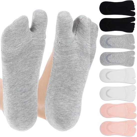 Grijze tabisokken met split voor de grote teen, met een set van zwarte, grijze, witte en roze sokken ernaast.
