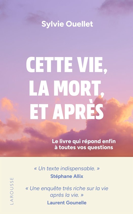 Couverture de livre avec un ciel nuageux violet et orange, titrée: Cette vie, la mort, et après par Sylvie Ouellet.