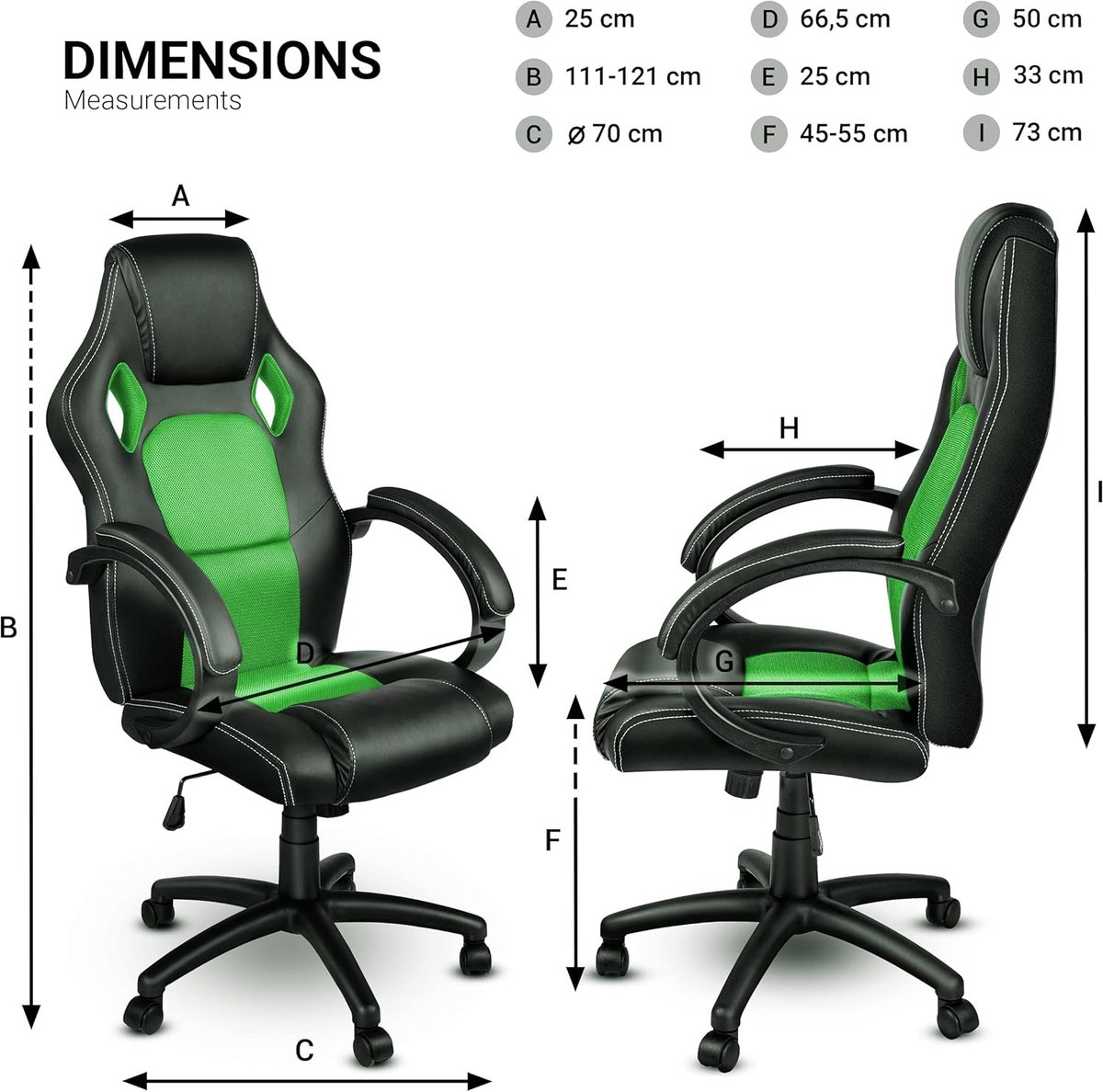 Bureaustoel Ergonomisch Casa Velluto Velocity Pro – Directiestoel met Hoofdsteun, Gevoerde Armleuningen, Wipmechaniek, Verstelbare Zithoogte, Draaistoel met Wielen, Kunstleer, Zwart/Groen