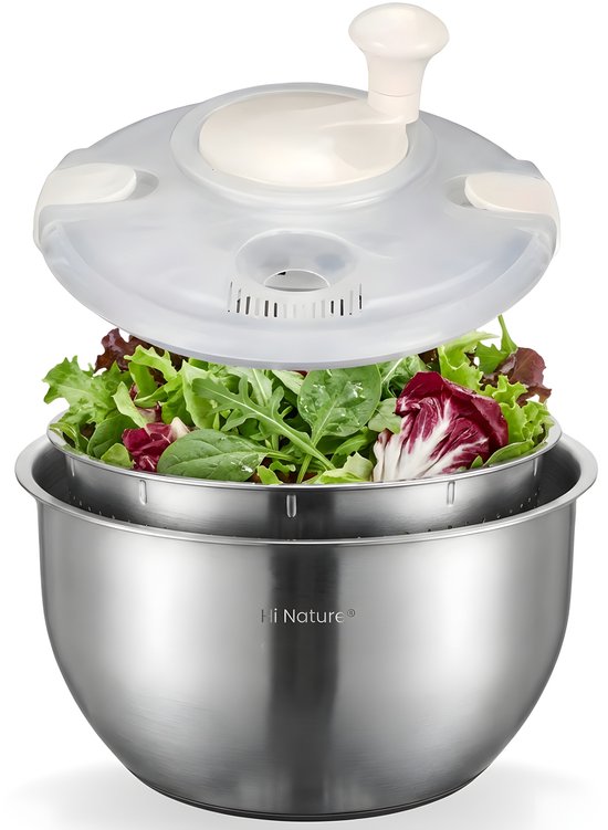 Essoreuse à Salade HI NATURE™ - Rotare Salade Spinner | Essoreuse à Salade avec Panier Intérieur en Acier Inoxydable | Sécheur à salade avec Tamis en Acier Inoxydable - Incluant Couvercles et Bol à Mélanger, essoreuse à salade 5L - Passoire à Légumes