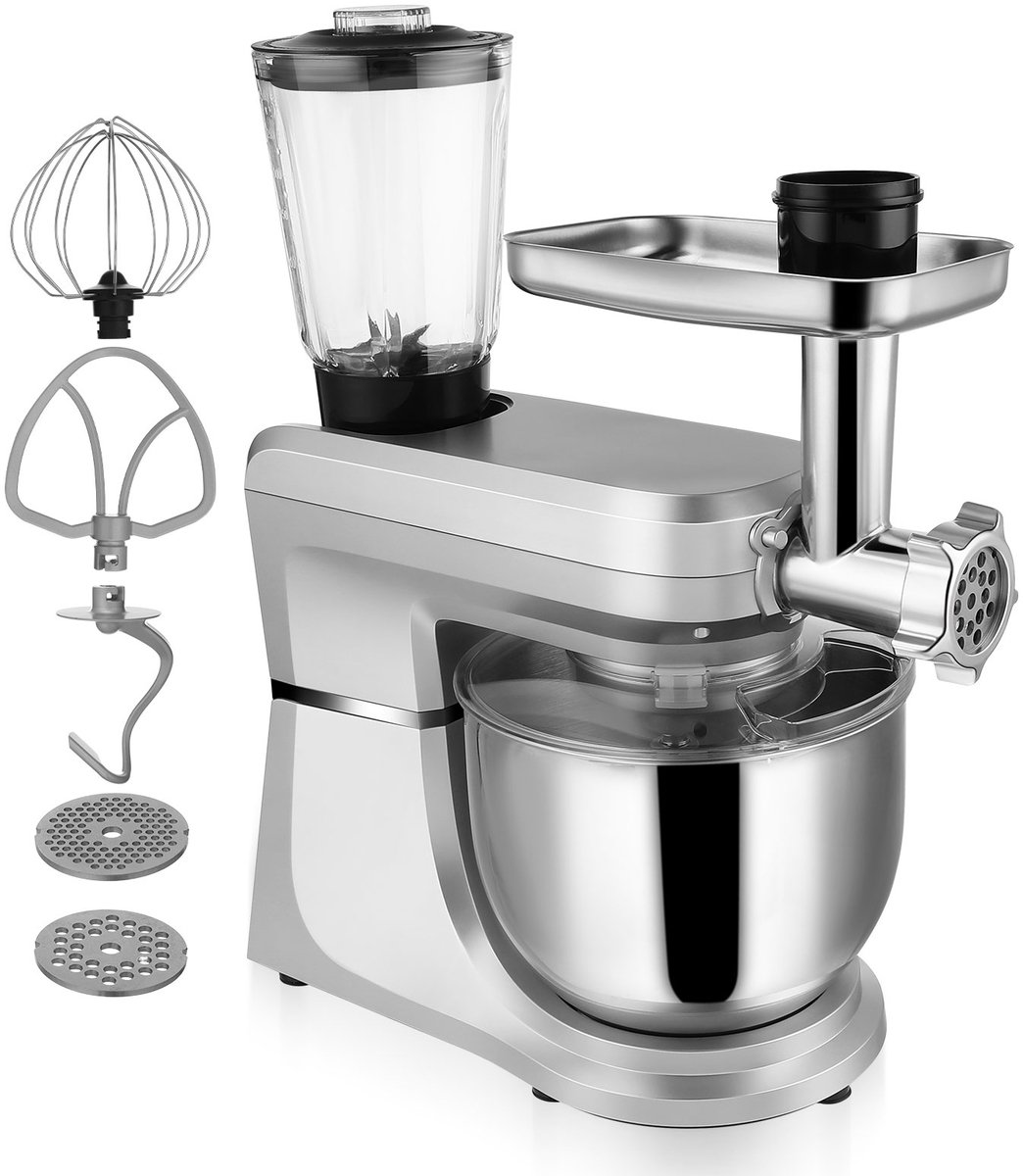Multifunctionele Keukenmixer met 6 Liter Roestvrijstalen Kom – Elektrische Keukenmixer met Vleesmolen, Deeghaak, Garde en Spatbescherming – EU-stekker