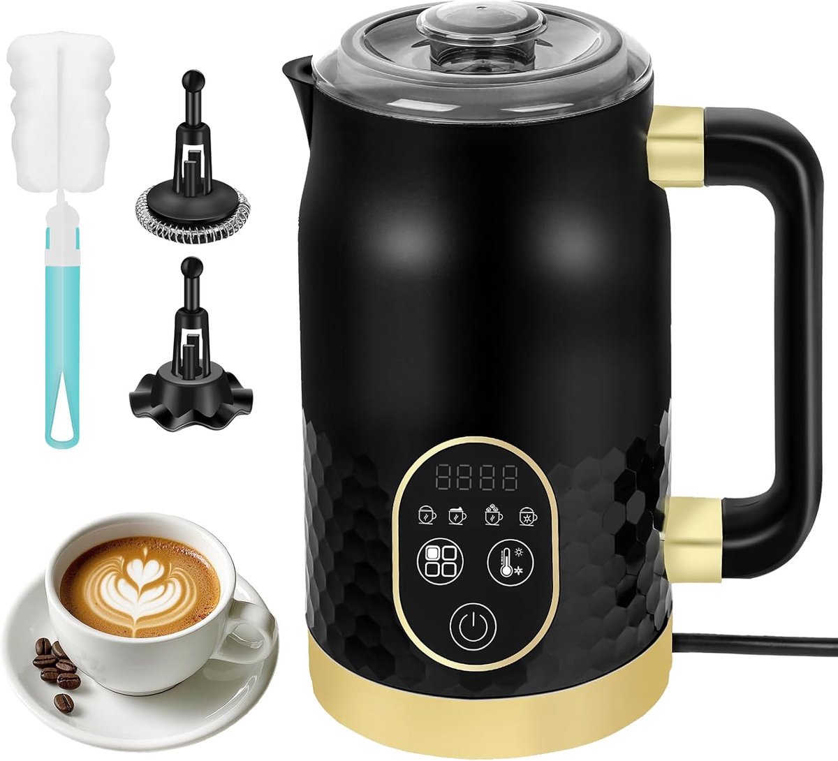 Elektrische Melkopschuimer 4-in-1 Met Temperatuurregeling - Automatische Melkschuimer Voor Warm En Koud Melkschuim - Melkverwarmer Met 2 Gardes Voor Cappuccino Latte Macchiato En Warme Chocolade