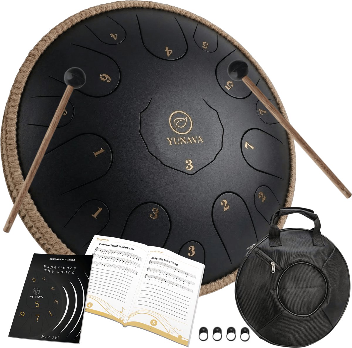 Yunava Handpan - 36 cm ø - Steel Tongue Drum - Hand Klankschaal incl. Lesboek & Beschermtas - Hangdrum