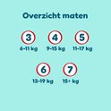 Overzicht maten Pampers luiers: maat 3 (6-11kg), maat 4 (9-15kg), maat 5 (11-17kg), maat 6 (13-19kg) en maat 7 (15+kg).