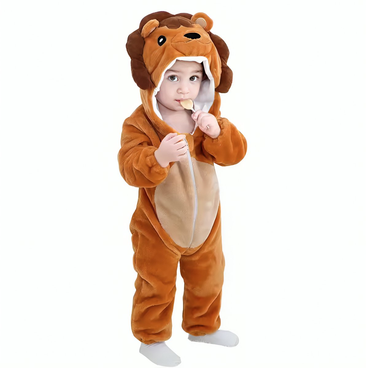 Budino® Baby Onesie - Baby Romper - Baby Pyjama - Baby Pakje - Baby Verkleedkleding - Carnavalskleding - Dier - Leeuw - Bruin - maat 90