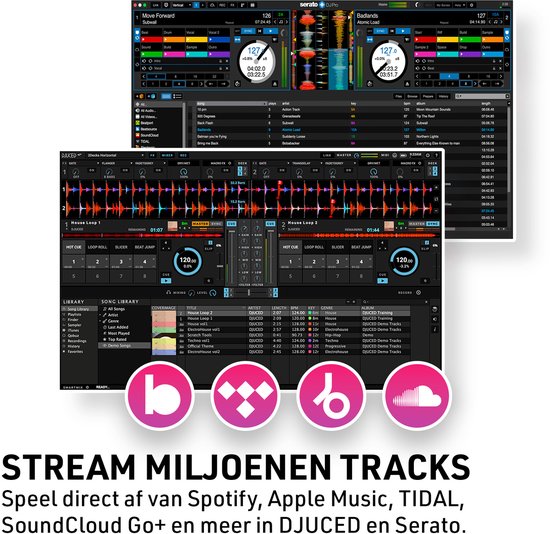 Screenshots van DJ-software met golven, afspeellijsten en icoontjes van Spotify, Apple Music, Tidal en SoundCloud.