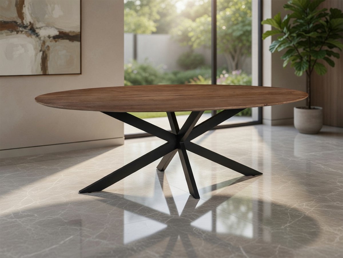 Eettafel Ovaal 240 x 100 cm Mangohout Industrieel – Grote Ovale Eetkamertafel 8 Personen – Naturel Houten Tafel met Zwart Matrix Onderstel – Luxe Design – 240x100x76 cm – Abkantoor