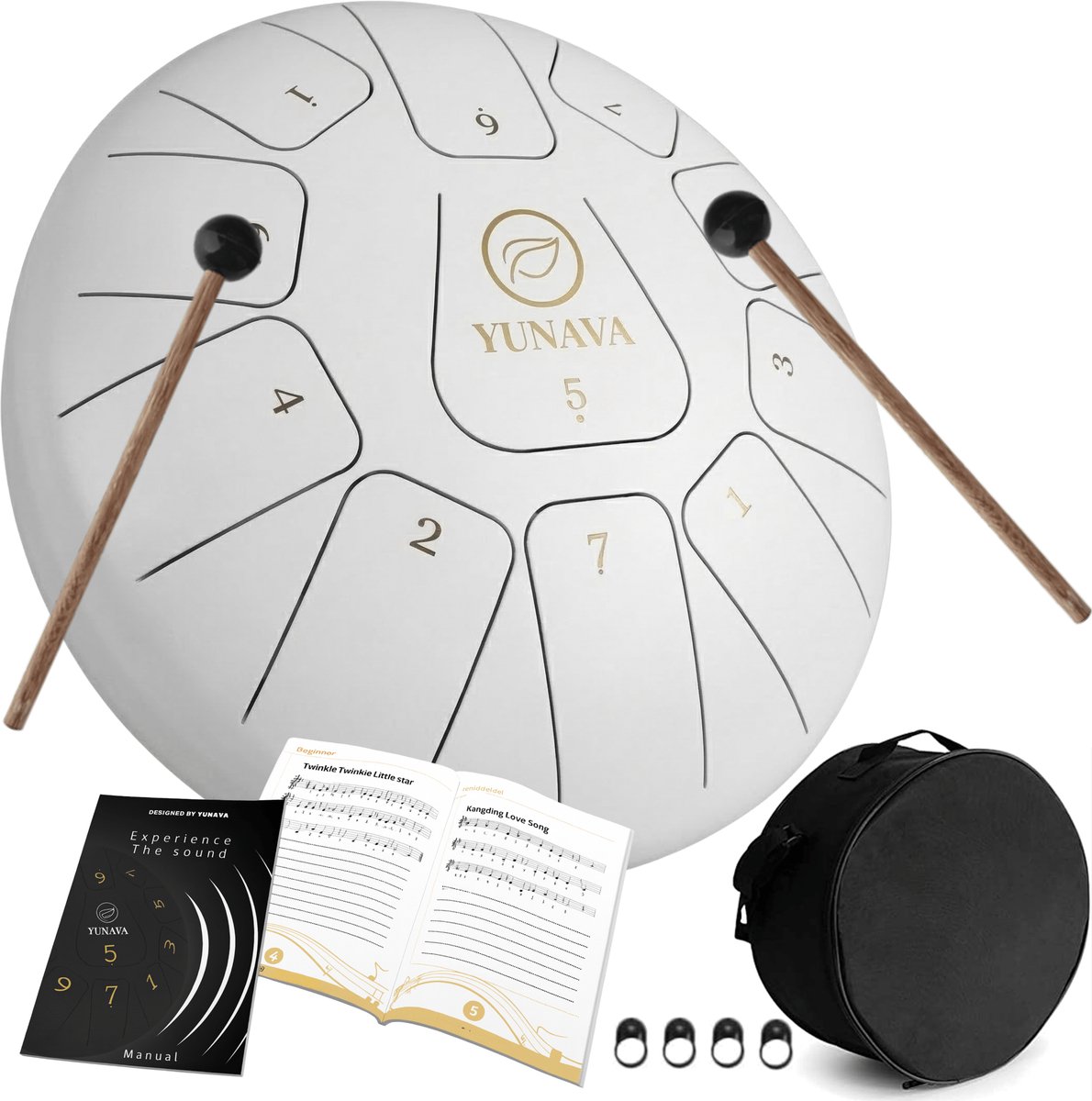 Yunava Handpan - 30 cm ø - Wit - Steel Tongue Drum - Hand Klankschaal incl. Lesboek & Beschermtas - Hangdrum