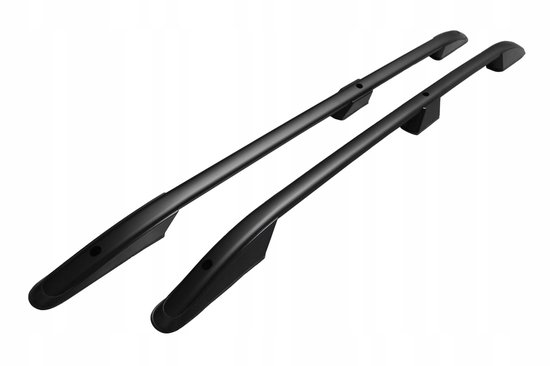 Barres de toit noires avec fixations noires, isolées sur fond blanc.