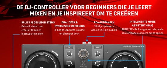 Zwarte DJ-controller met twee draaitafels en verlichte, gekleurde pads, met tekstuele uitleg.