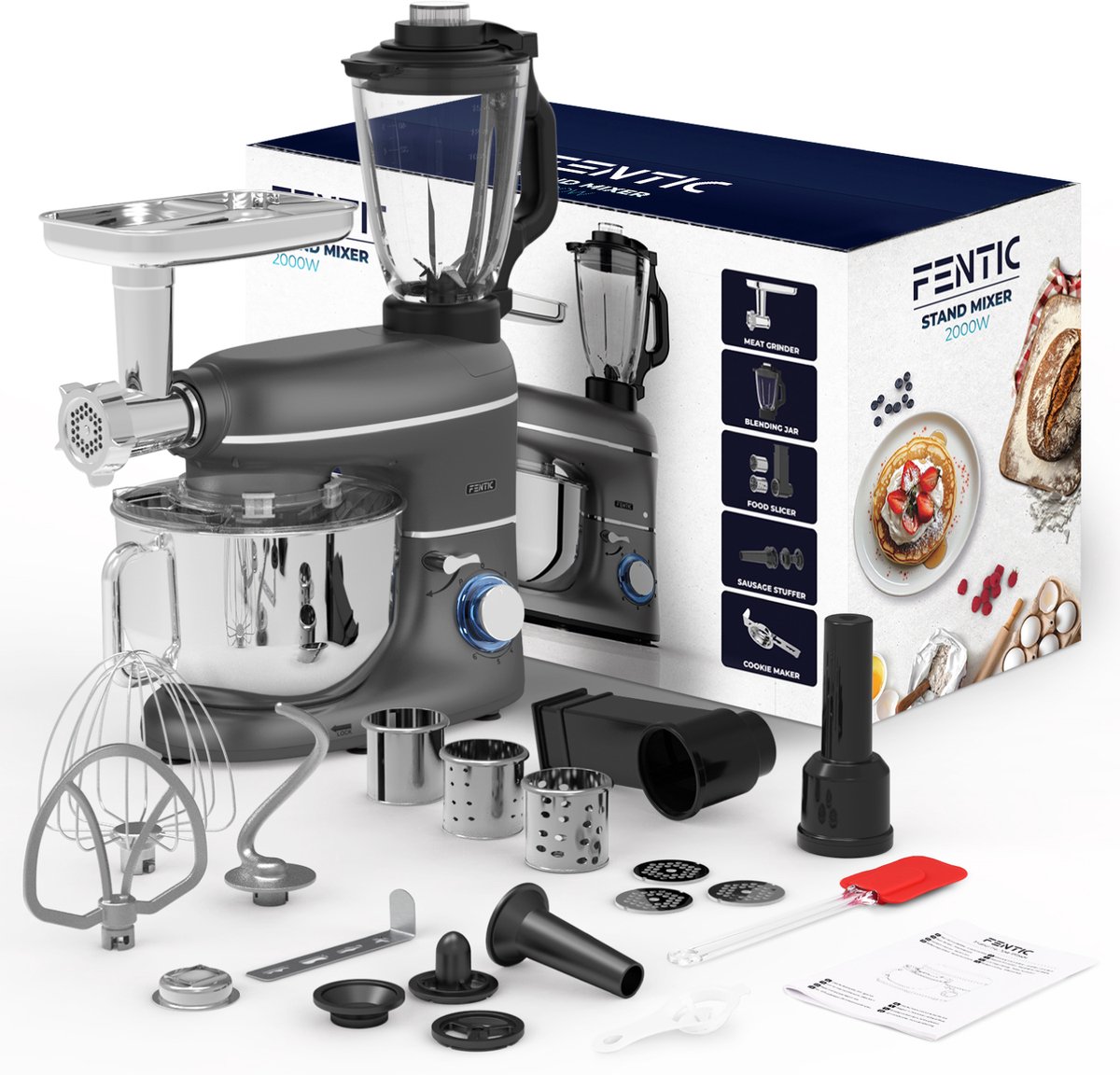 Fentic Keukenmachine – 2000W – Keukenrobot – Foodprocessor - 6,2L Mengkom – Incl. Vleesmolen, Blender en extra Accessoires – Antraciet – foto 8