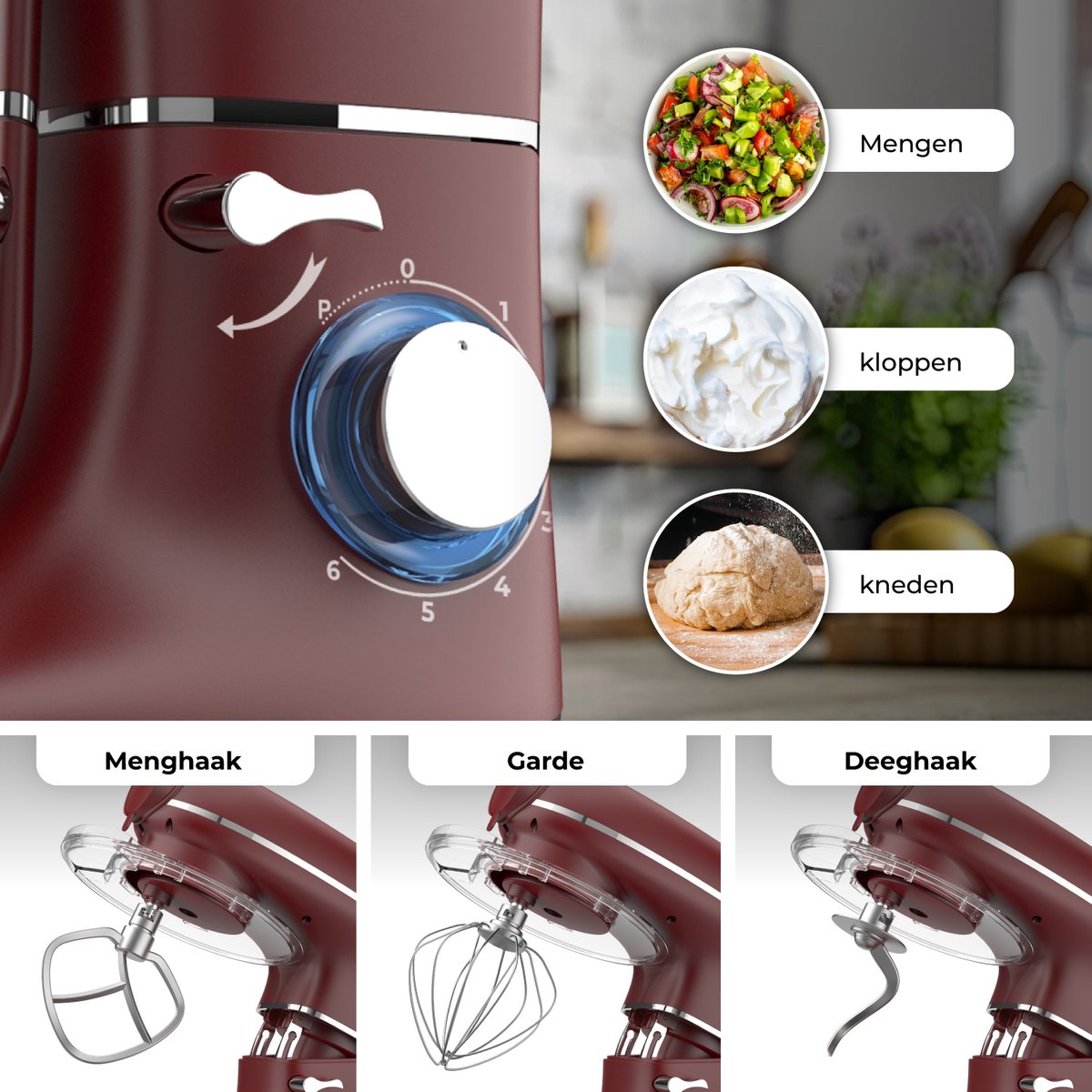 Fentic Keukenmachine – 2000W – Keukenrobot – Foodprocessor - 6,2L Mengkom – Incl. Vleesmolen, Blender en extra Accessoires – Rood – foto 5