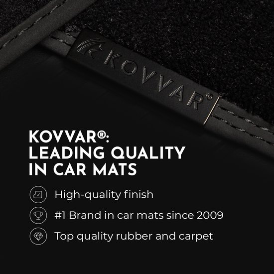 Logo Kovvar sur tapis de sol noir avec texte 'KOVVAR: LEADING QUALITY IN CAR MATS'.