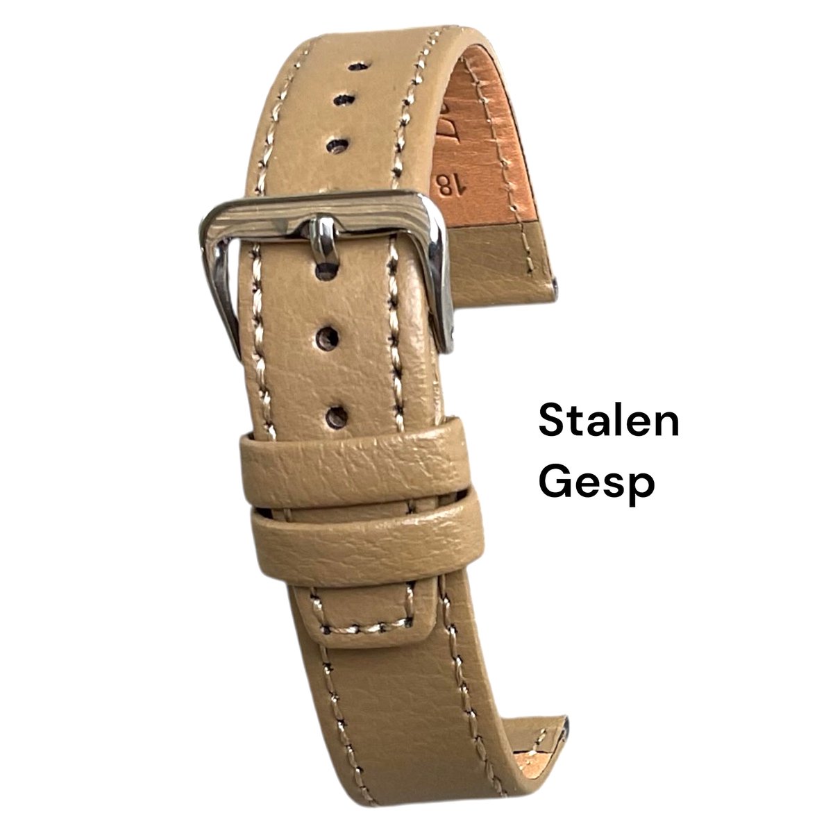 Horlogeband-horlogebandje-16mm-echt leer-zacht-mat-camel-bruin-zacht-plat-stalen gesp -16 mm