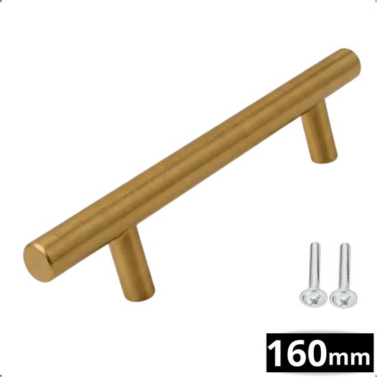 RVS Handgreep 160mm Goud – T-greep Denver – Meubelgreep – Keukengreep – inclusief 2 schroeven