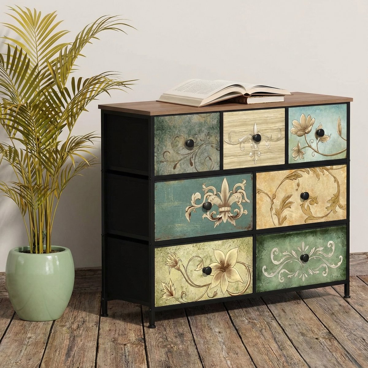 TRANKIELO® - Boheemse slaapkamercommode met 7 stoffen laden – Stijlvol metalen frame – Ideaal voor woonkamer en kinderkamer