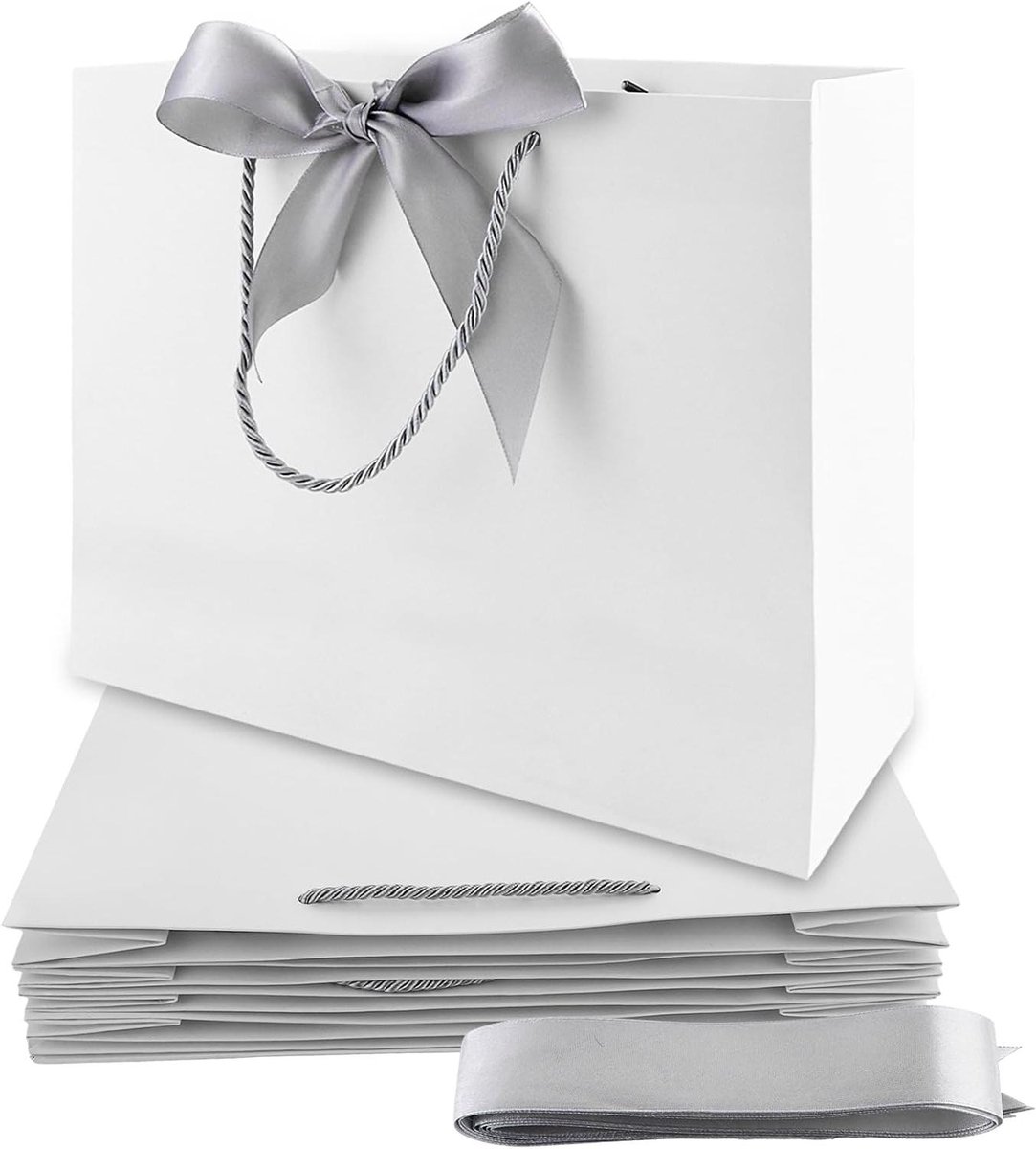 24 papieren cadeautassen met strik - 32 x 25 x 11 cm - witte geschenktassen met handvat voor bruiloft, Kerstmis en feestfeesten
