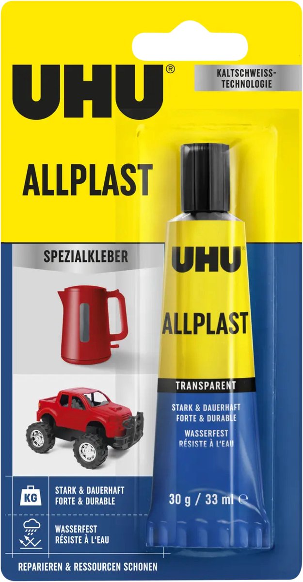UHU ALLPLAST, Gel, Contactlijm, 33 ml, 30 g, Metaal, Glas, Porselein, Hout, Leer, Keramisch, Karton, Stof/Weefsel, Schuim, 10 °C
