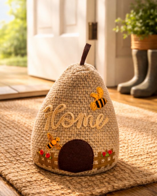 Beige bijenkorfdeurstopper met 'Home' en twee bijen, op een deurmat.