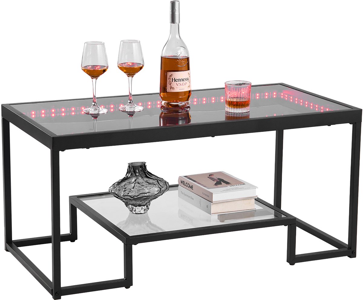 Vevor Salontafel/Bijzettafel Van Gehard Glas Met Verlichting, Rechthoekige Glazen Tafel Met Twee Niveaus en Open Opbergruimte, Metalen Salontafel voor Woonkamer en Kantoor 100 X 51 X 48 Cm Zwart