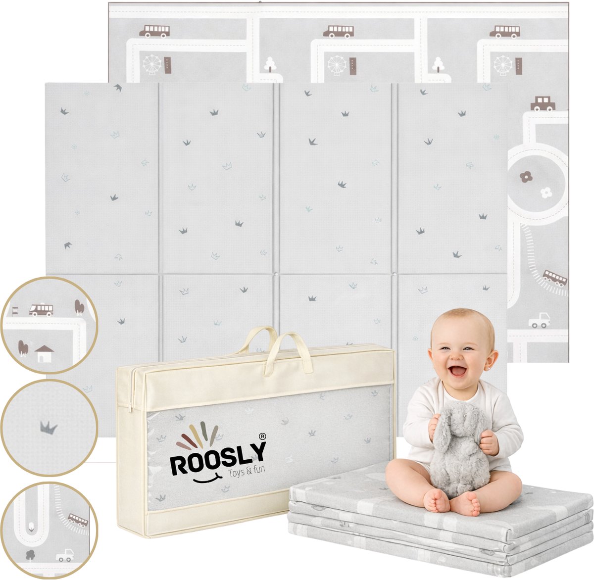 Roosly Speelmat Baby - Speelkleed Baby - Inclusief Opbergtas - babygym - kruipmat - playmat - Dubbelzijdig en opvouwbare Foam XPE 180 x 200 cm - speelgoed - Veilig & Zacht - model KING Gray