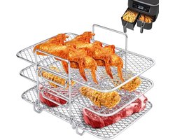 JeiibrZui Airfryerrek - RVS Grill - Drie Lagen/Stapelbaar/3 Stuks - Geschikt voor Oven en Airfryer - Zilverwit