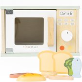 Houten speelgoedmagnetron met digitale timer en pictogrammen. Inclusief houten speelgoedbrood, vis, broccoli, biefstuk en kip.