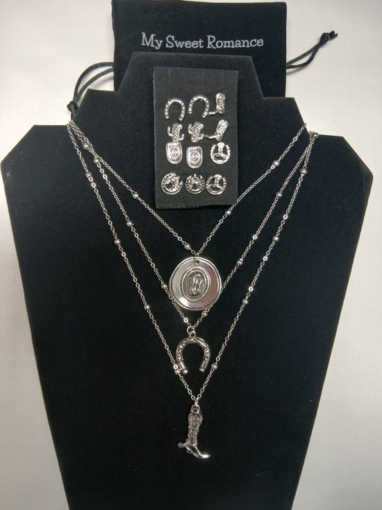 My Sweet Romance® - 3-delige Zilverkleurige Dames Ketting Set met 5 Sets Oorbellen - Paard en Cowboy Items