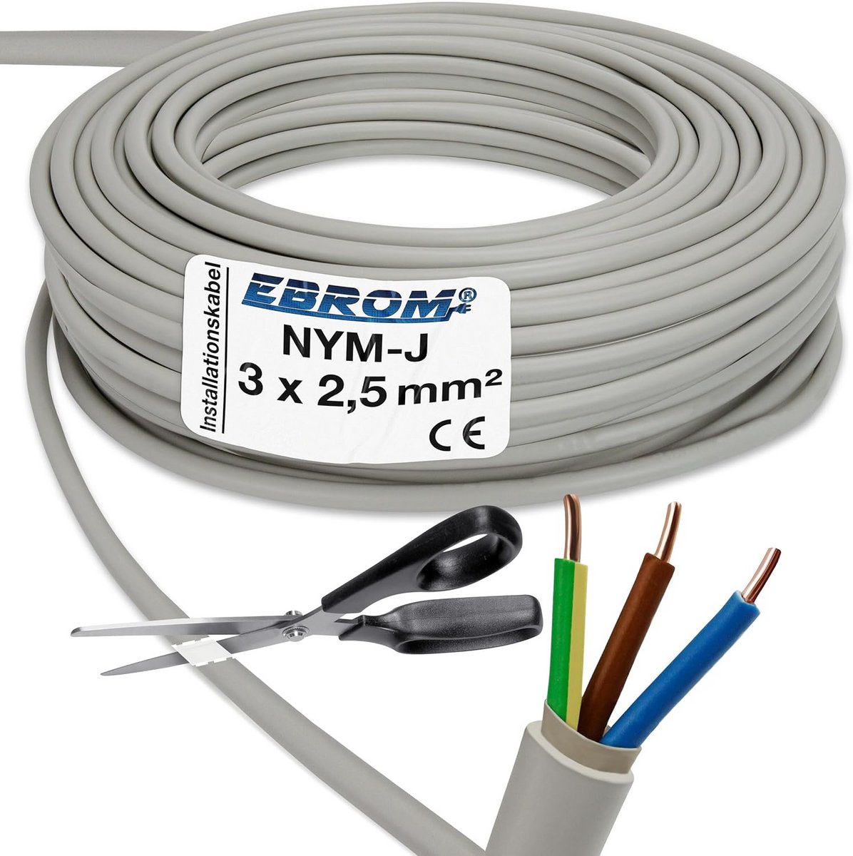 Installatiekabel NYM-J 3x2,5 mm2 PVC Grijs 50 Meter voor Vaste Installatie