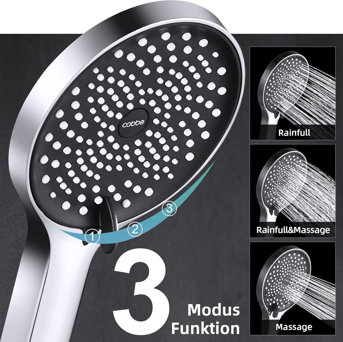 Famanu – Waterbesparende handdouche met slang, grote regendouchekop, drukverhogend, 3 straalsoorten, zwart/chroom