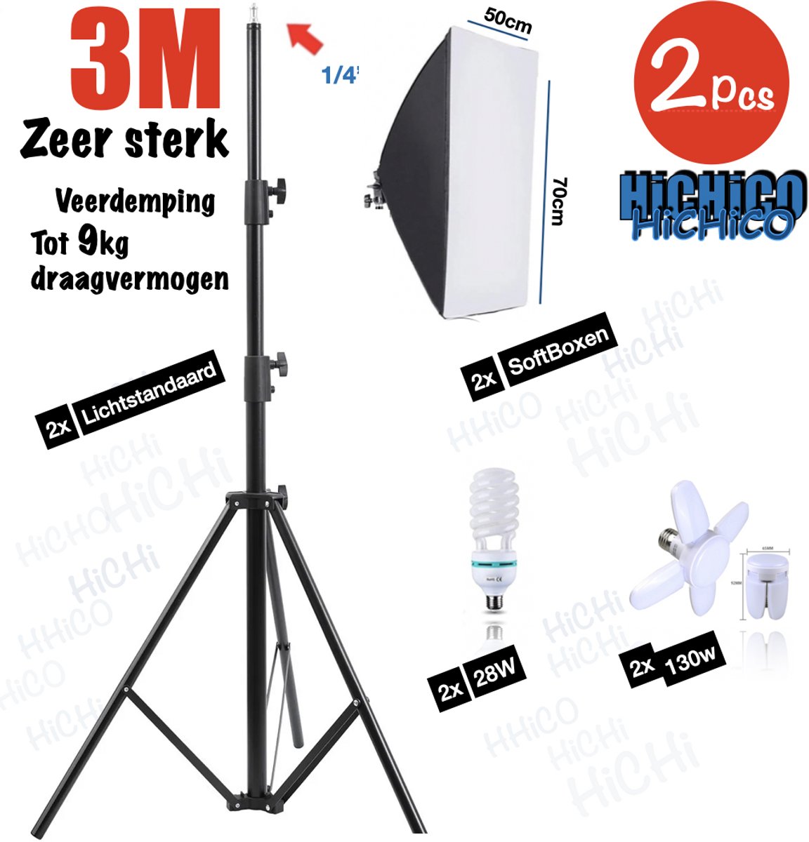 HiCHi® Studiofotografie Softbox Studiolampen 95~3M hoog 1Paar set
