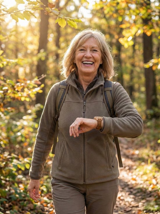 Une femme souriante portant une polaire beige et un sac à dos marche dans une forêt ensoleillée avec des feuilles d'automne.
