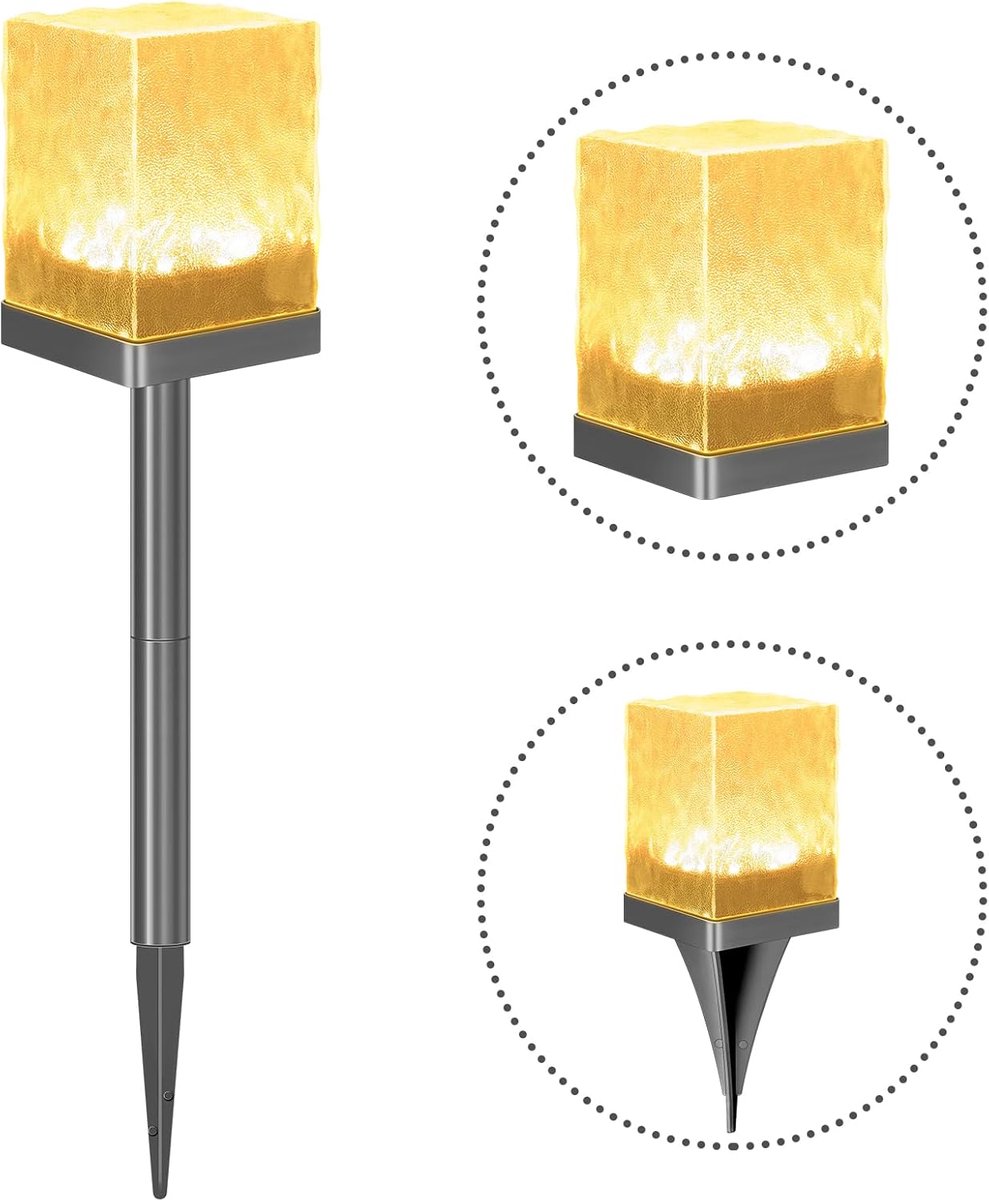 ANMI Solar Padverlichting Grondlamp - Ice Brick Kristal Effect - Warm Wit - IP65 Waterdicht - Automatische Schemersensor Dusk To Dawn - 4 Montageopties - Voor Tuin Pad Oprit Gazon Terras Zwart