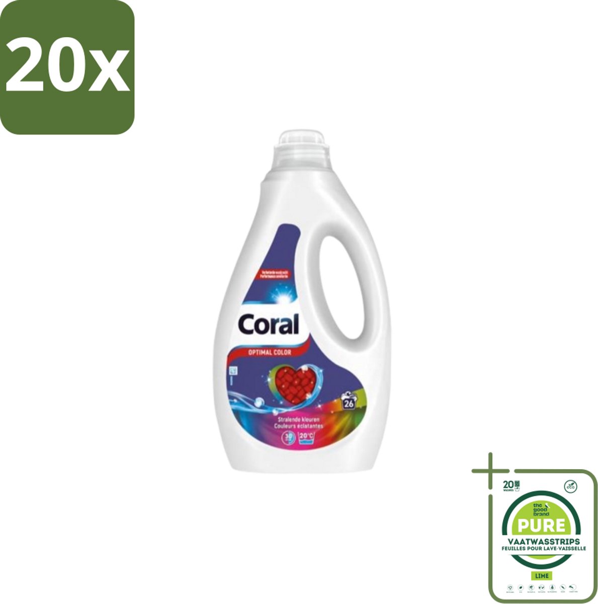 20 x Coral – Vloeibaar Wasmiddel – Optimal Color – 1,17 L - Grootverpakking - Kleurbehoud - Wasmiddel Voor Gekleurd Textiel - Vlekverwijdering - Koud Wassen - Wasmiddel Voor Kleding