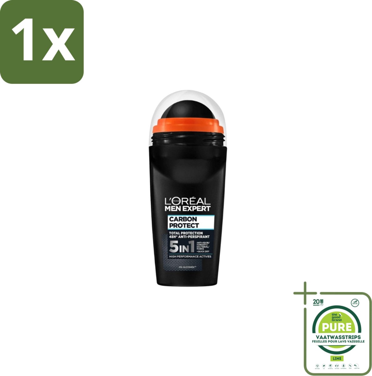 1 x L’Oréal Paris Men Expert – Deodorant Roller – Carbon Protect 5-in-1 – 50 ml - Anti-transpirant - Deodorant - Zweet - Geur - Vlekken
