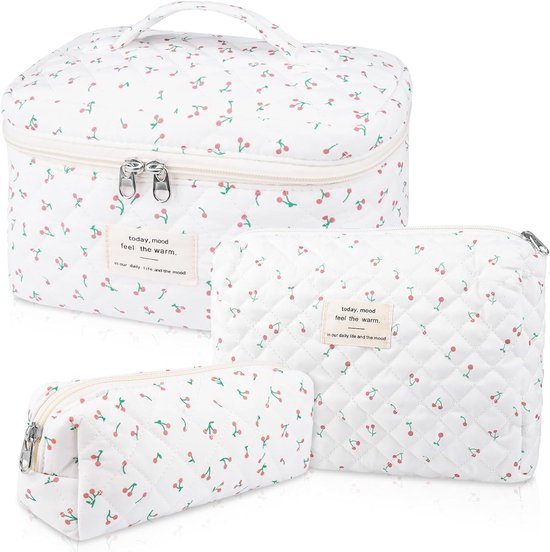Make-up tas set - gewatteerde tas - grote make-up tas voor dames met bloemenprint - make-up tas met bloemenpatroon - schattige katoenen make-up tas - toilettas - reisformaat organizer voor cosmetica en toiletartikelen