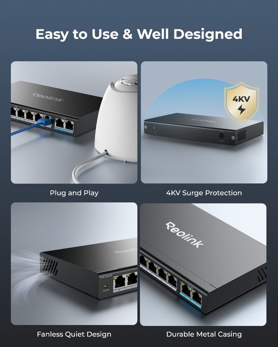 Reolink RLA-PS1 PoE Switch met 8 PoE- en 2 Gigabit Uplink-poorten, Ideaal voor REOLINK RLN36 NVR en Power over Ethernet IP-camera's, IEEE802.3af/at, Metalen behuizing, Bureau-/wandmontage van Merkloos — afbeelding 4