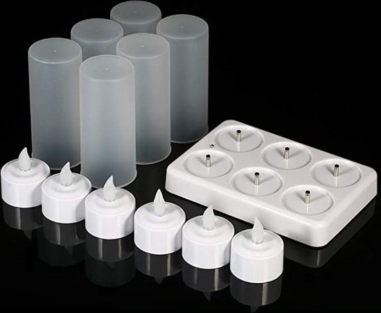 Oplaadbare waxinelichtjes met lader - 3D LED theelichtjes - Set van 6 - Veilig en duurzaam - Oplaadbare kaarsen - Incl. doorschijnende bebuizing - Sfeerlichtjes - Horeca kaarsen - Flikkerende lichtjes - Nepkaarsen