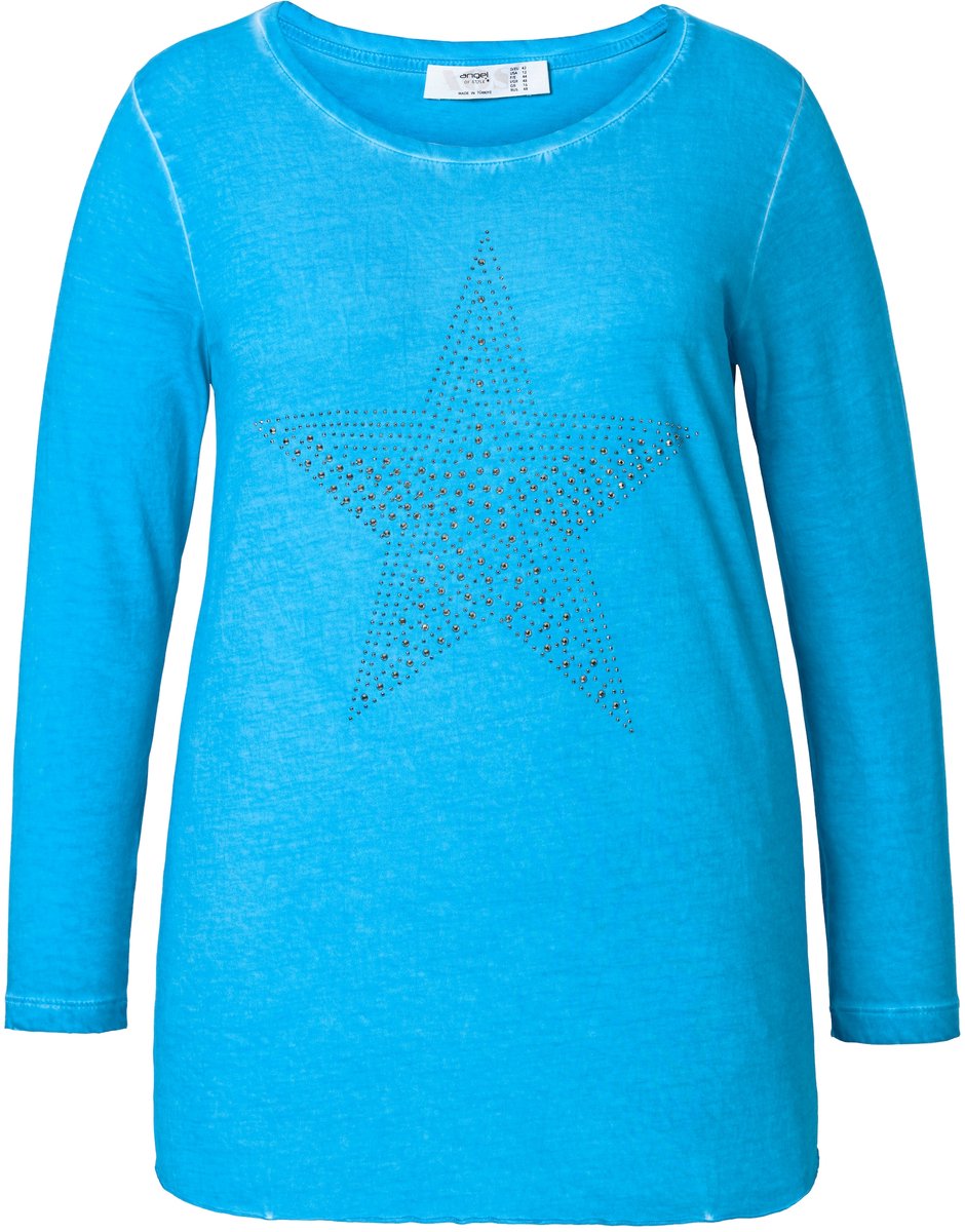 Angel of Style - Dames - T-shirt comfort fit glittersteentjes lange mouwen - Licht turkoois - Maat 46