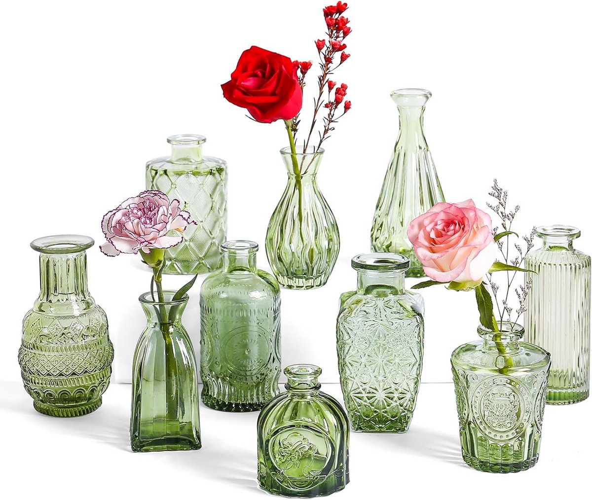 Set van 10 Mini Vaasjes voor Bloemen - Decoratieve Tafelloper Vazen - Bruiloft en Feestdecoratie